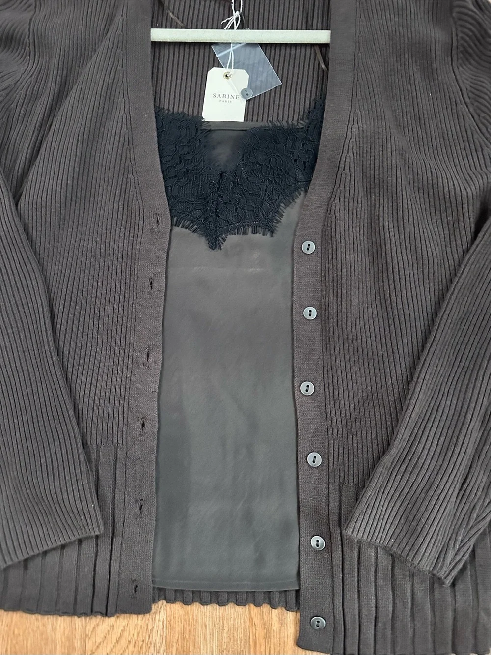 Sabine Brown Ribbed Cardigan with Black Lace-Trim Cami